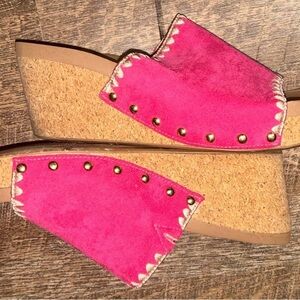 Corkys Hot Pink Suede Studded Cork Wedge Slides